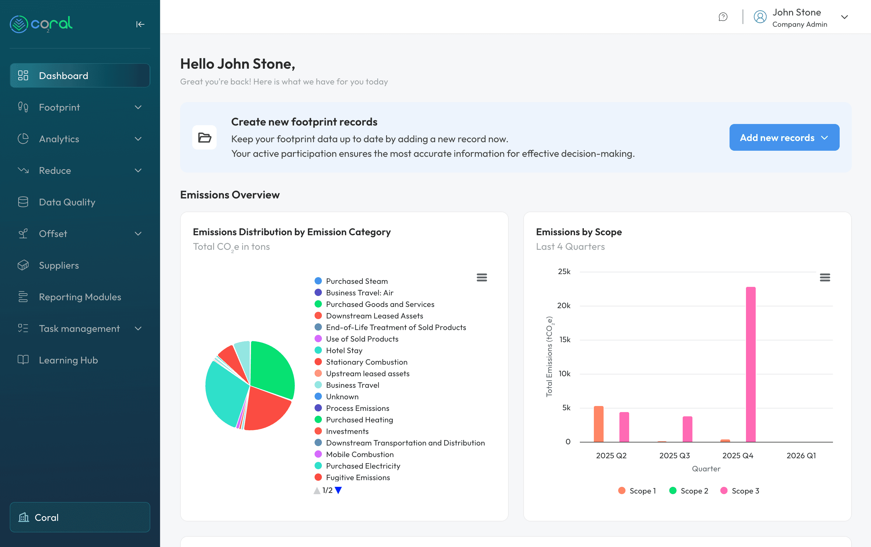 Coral Emissions Management Platform dashboard showing carbon footprint overview