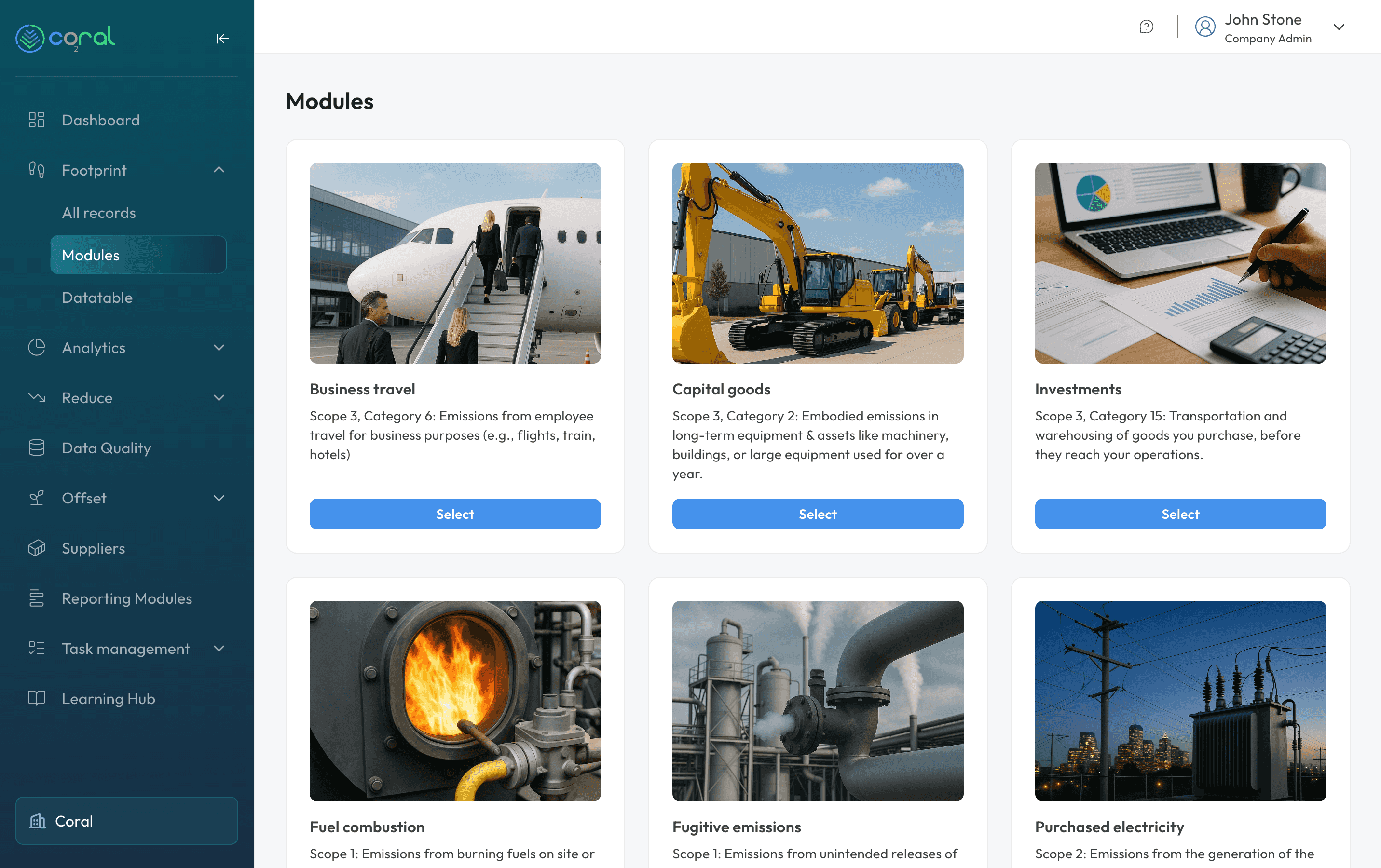 Coral ESG Reporting Platform dashboard with Environmental, Social, and Governance metrics