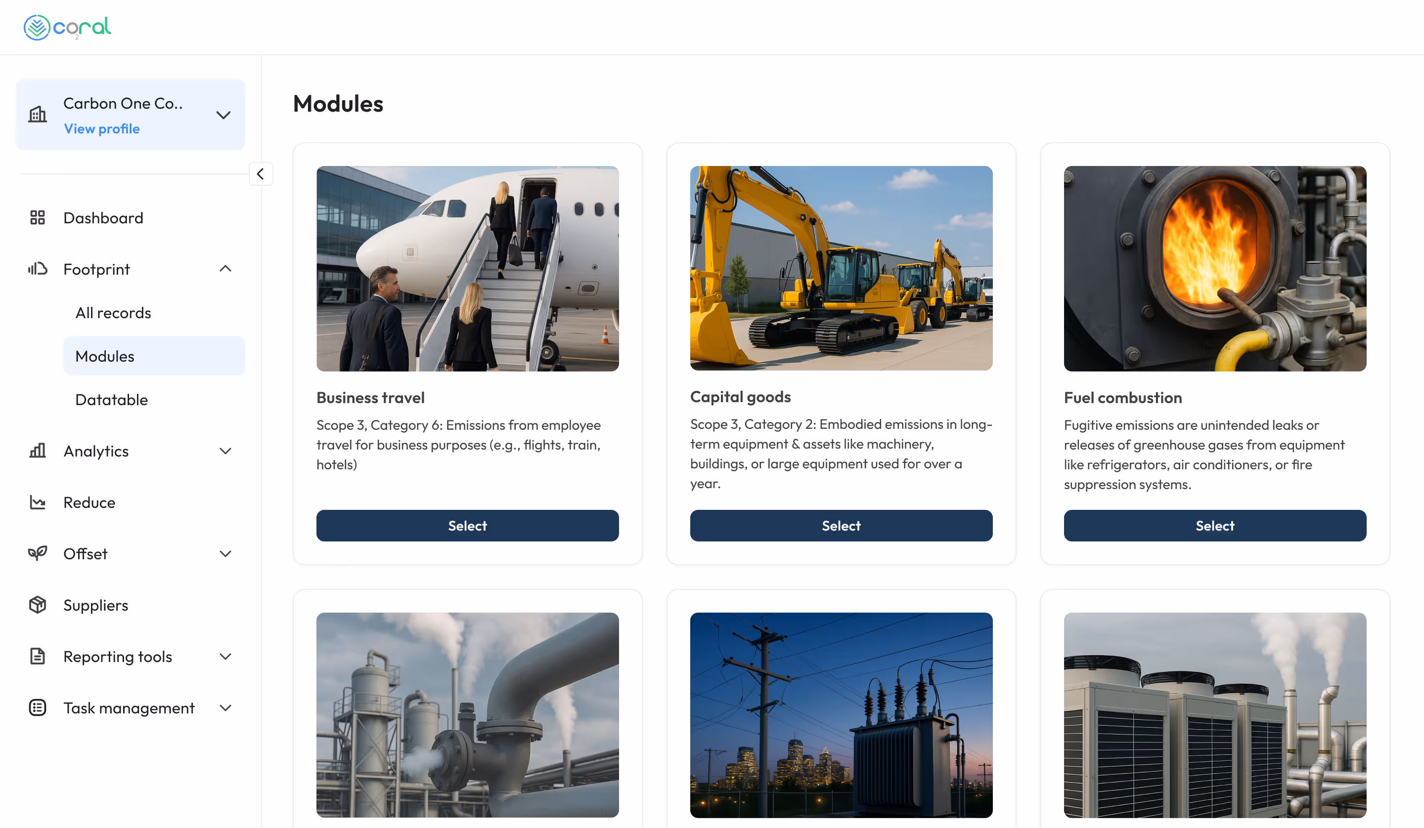 Coral Emissions Management Platform dashboard showing carbon footprint overview