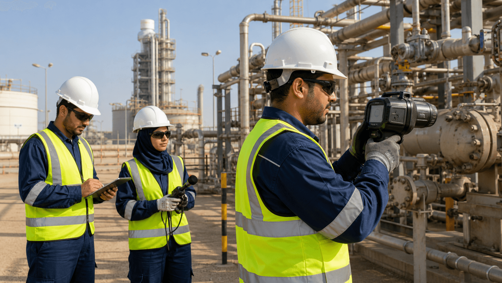 Oil and gas inspection team using methane detection equipment beside industrial piping at a refinery or gas plant.