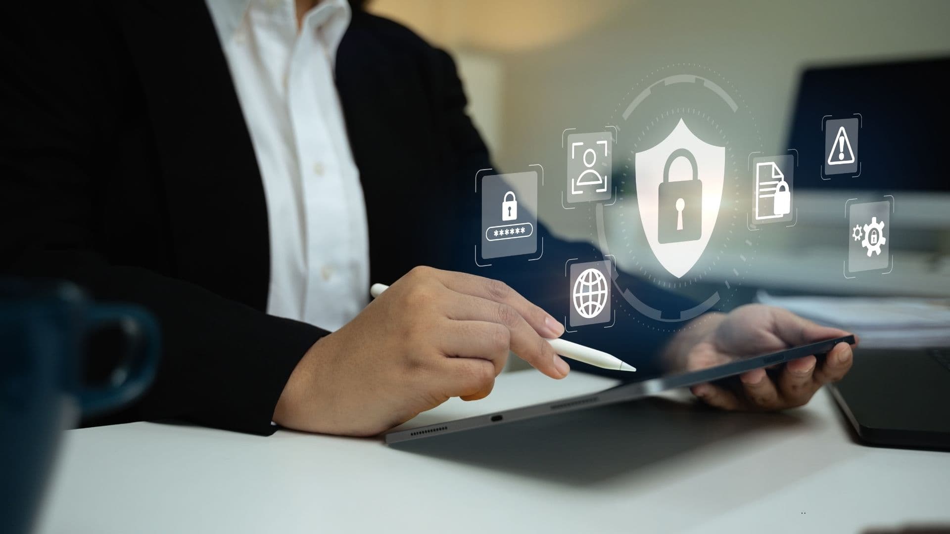 Business professional using a tablet with digital cybersecurity icons, including a shield, lock, password, identity, document, and risk alerts, representing secure data protection and platform trust.