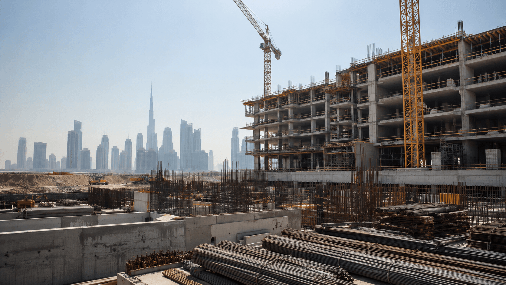 Construction site in Dubai with cranes, exposed concrete structures and stacked steel reinforcement, set against the city skyline and Burj Khalifa.